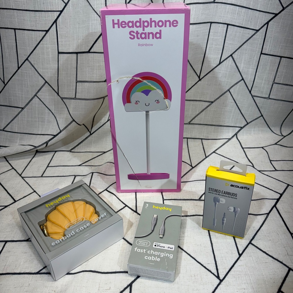 Heyday Headphone Stand Bundle OS Tech Lot Rainbow Earbud Case Cable Earbuds READ